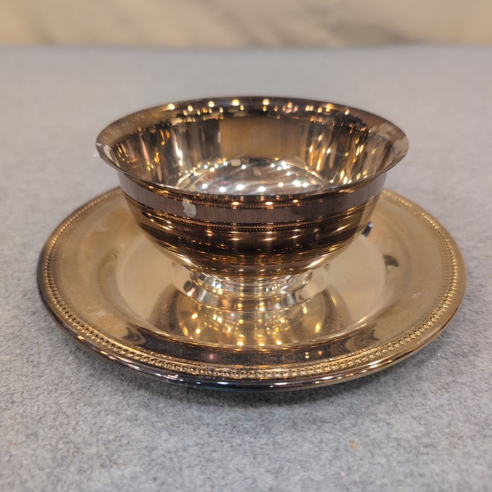 Oneida Silverplate Sherbet Cup and Underplate Set Beaded Rim USA Vintage